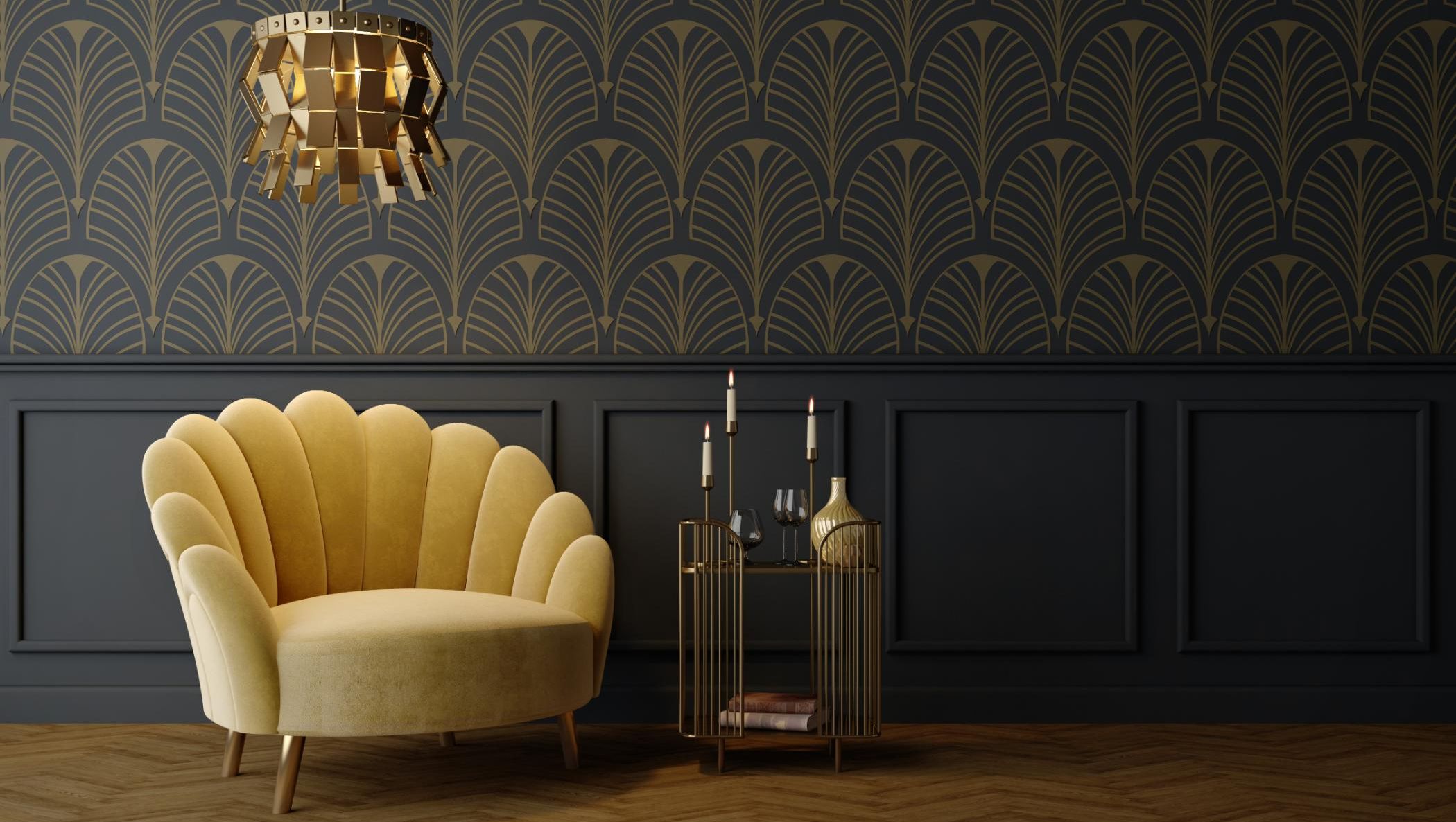 Stol foran vegg med brystpanel og tapet